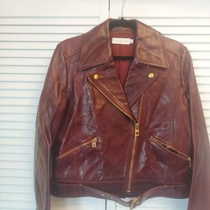 Tory Burch Burgundy Leather Moto Jacket Sz 10